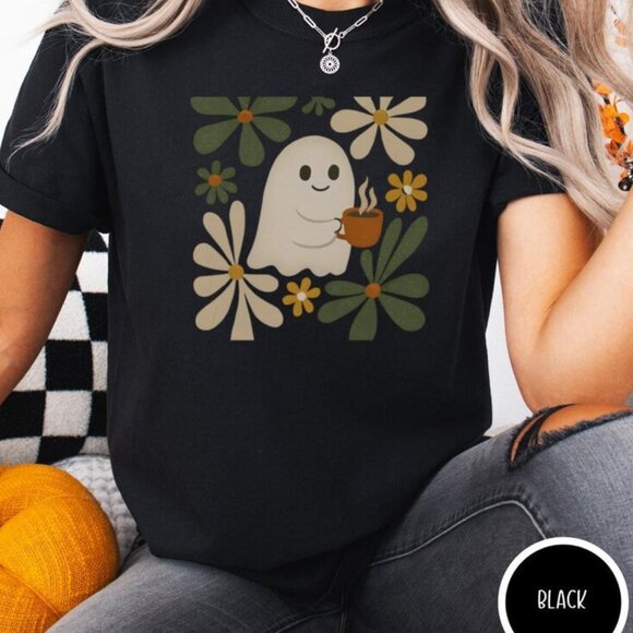 Tops - Floral Ghost And Coffee Shirt, Flower Ghost Shirt, Halloween Tee
